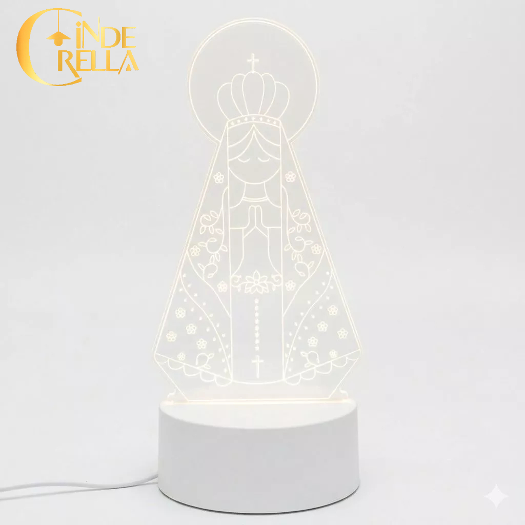 Luminária LED 3D Nossa Senhora Aparecida Abajur Decorativo Luz Quente USB Presente Religioso