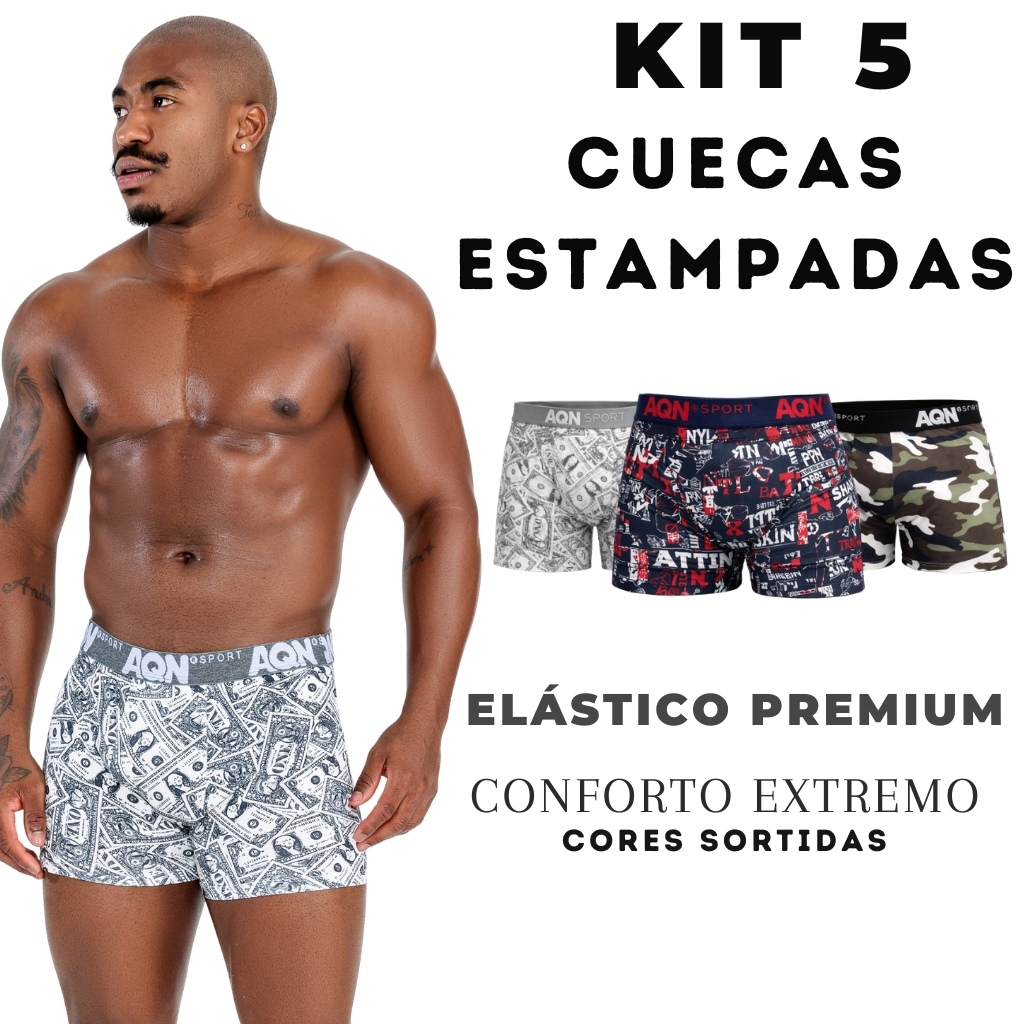 Promoção Kit 5 Cuecas Box Microfibra Boxer Estampadas Adulto Masculino Multicolorido AQN SPORT
