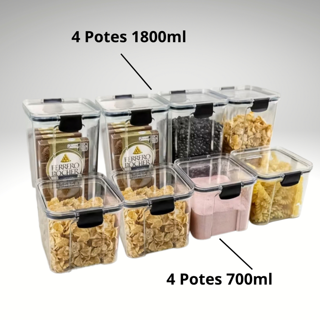 Kit 8 Pote Hermetico Acrilico Quadrado Trava Transparente Empilhável Organizador de Alimento Mantimento Cozinha Dispensa