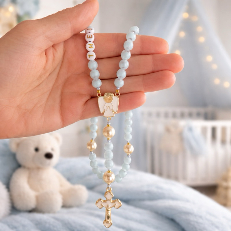 Terço Batizado Anjo da Proteção de Deus azul Kit com caixa de presente e organza presente batizado terço personalizado