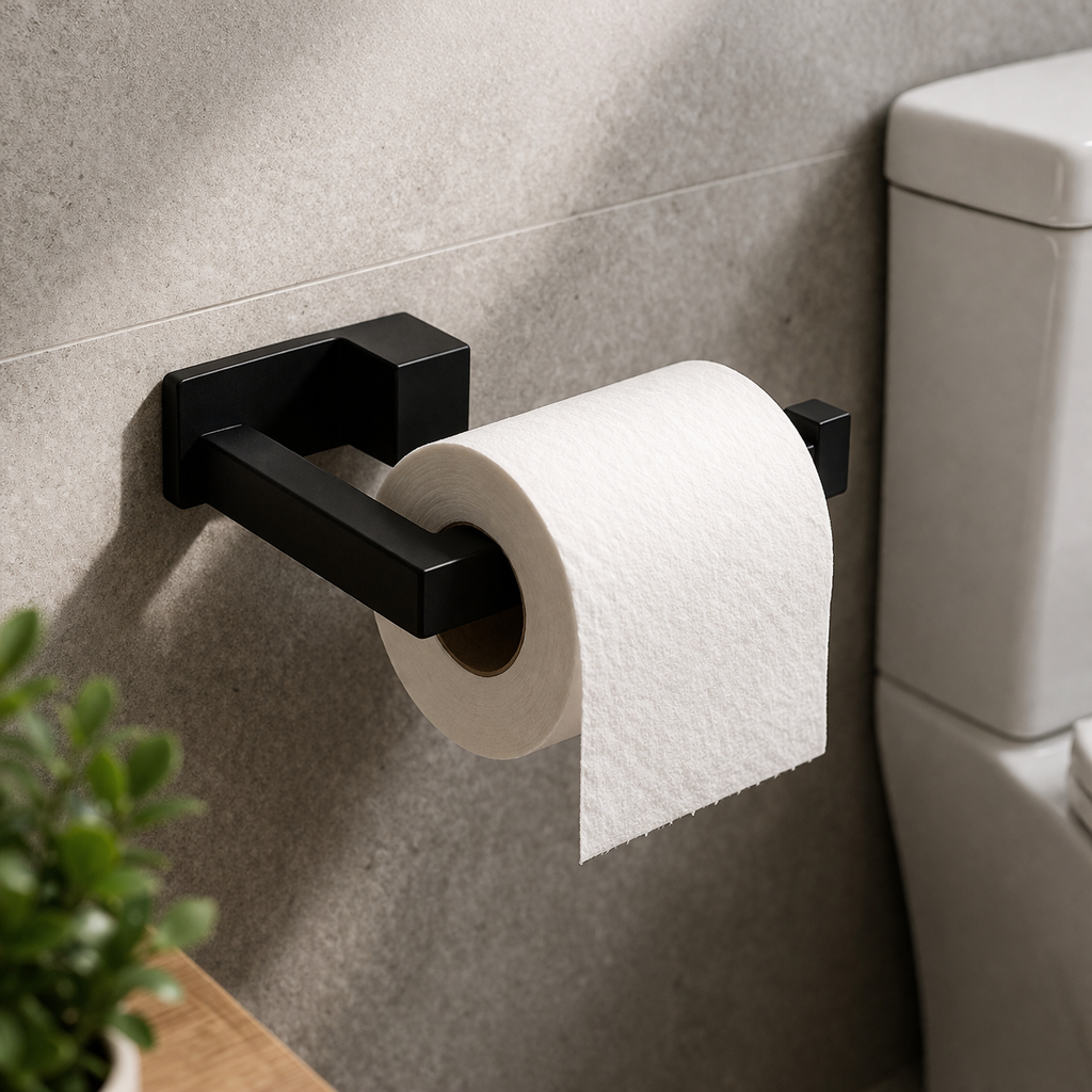 Suporte Porta Papel Higiênico Adesivo 3M Banheiro Preto Branco Acessório Moderno Parede