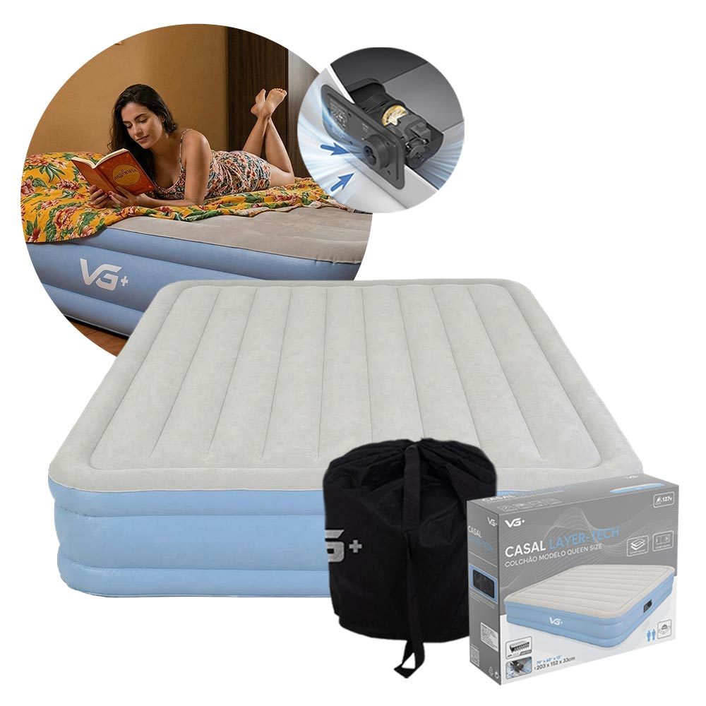 Colchão Inflável Casal Queen Layer Tech Resistente com Bomba Elétrica Embutida VG Plus