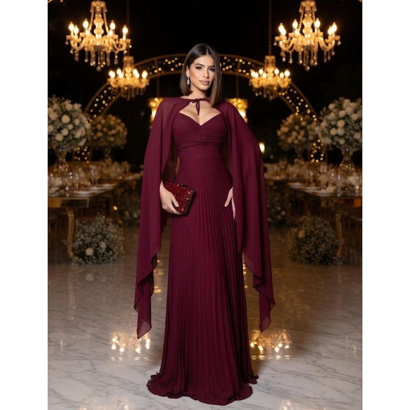 Vestido de Festa Longo Chiffon Plissado com Capa Removível Marsala Vestido de Festa Longo com Capa Plissado Marsala