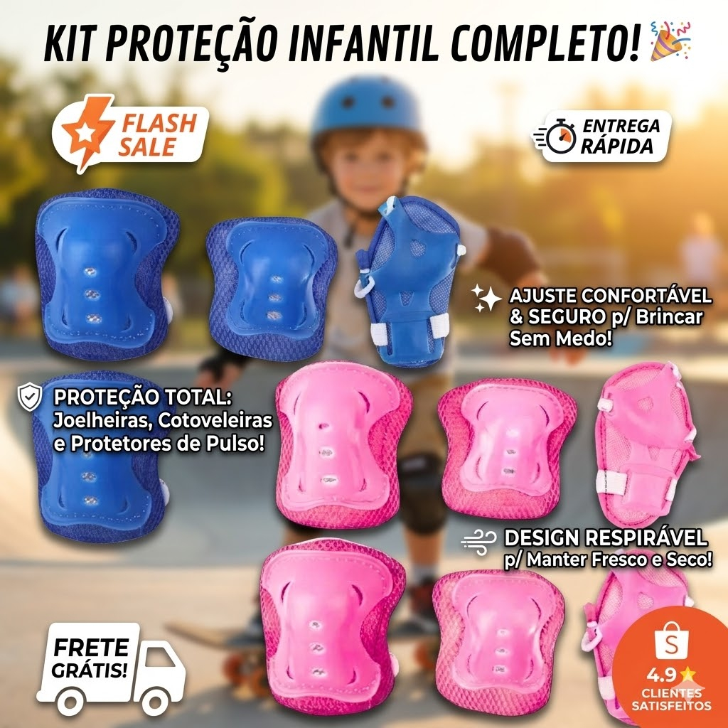 Kit Proteção Infantil 6 Peças Joelheira Cotoveleira Munhequeira Skate Patins Bicicleta Patinete Ajustável Resistente