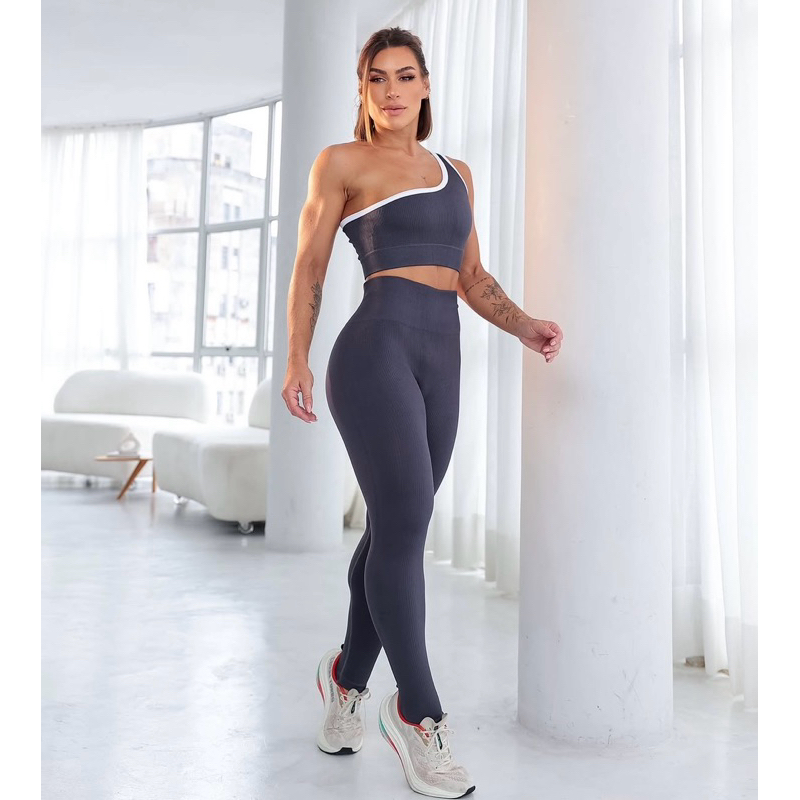 Conjunto Fitness Canelado Modelador Academia Cintura Alta (Cropped + Calça)