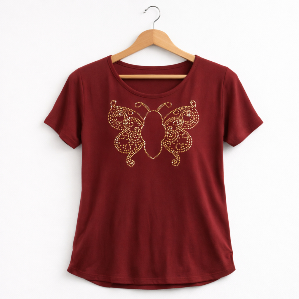 Blusa Plus Size Pedraria Borboleta Tecido Viscolycra Camiseta Feminina Tamanhos Plus Size MALHAS ITA