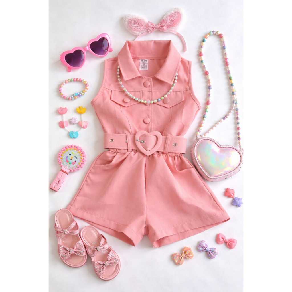 macacão curto infantil Feminino Elegante com cinto tecido alfaiataria premium