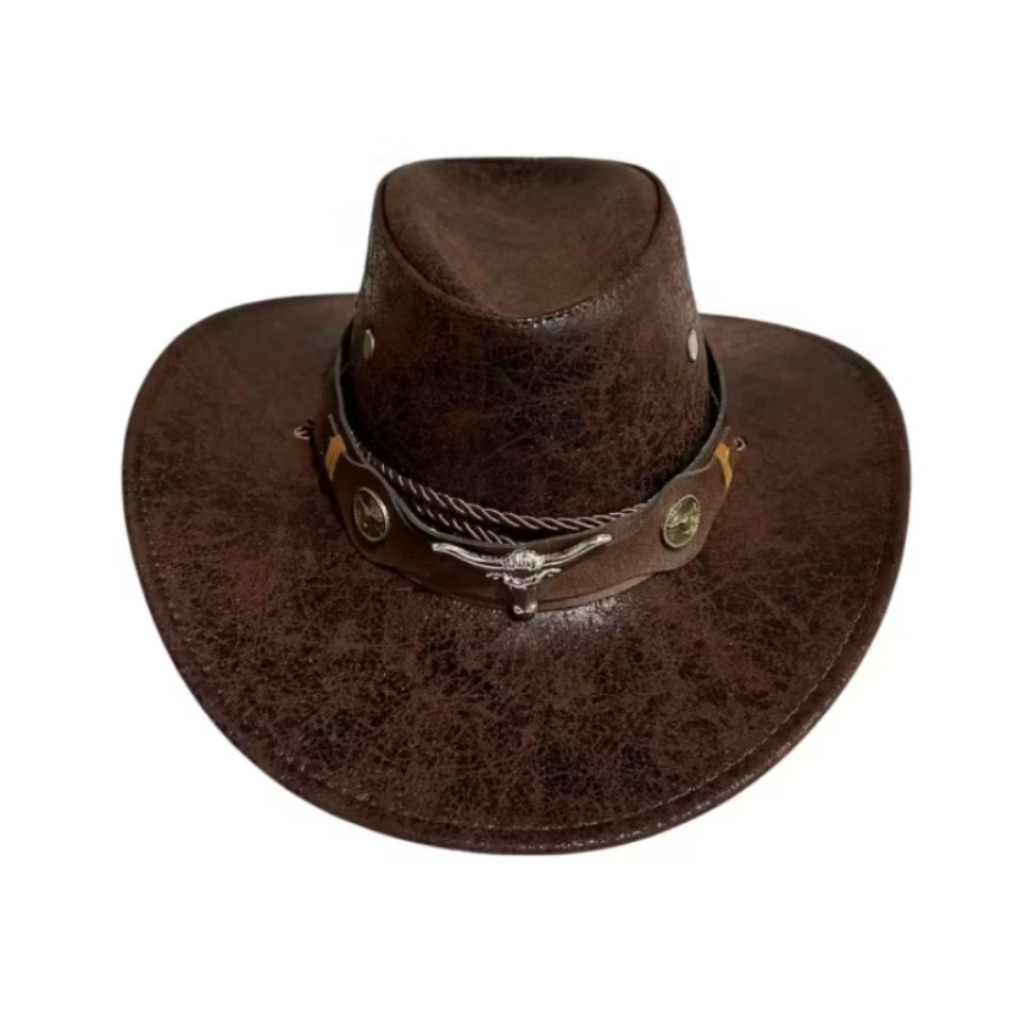 chapéu country estilo cowboy americano feito de couro pu com aplicações metalizadas.