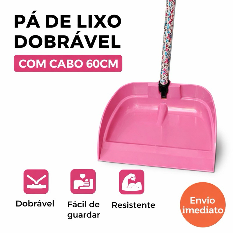 Pá de Lixo Premium COM CABO LONGO 60cm Dobrável Reforçada Limpeza Casa Comércio