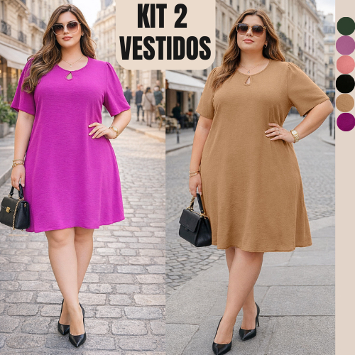 KIT 2 VESTIDO PLUS SIZE FEMININO MODA ESTILOSA VESTIDOS FEMININOS ELEGÁNTE CASUAL SOLTINHA LUXO FEMININA VERÃO MIDI