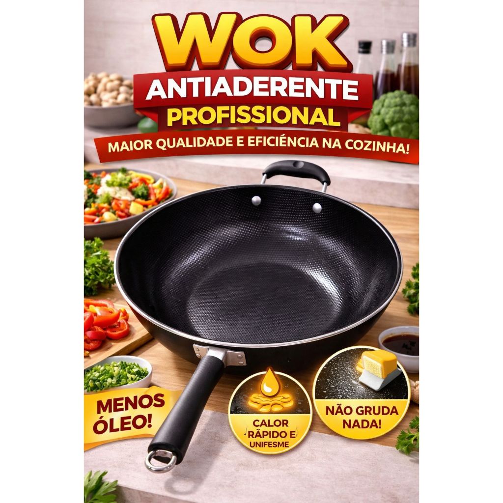 Imagem Frigideira profissional Wok 34 cm  Panela para Yakisoba Risoto Não Gruda Menos Óleo Fácil Limpeza