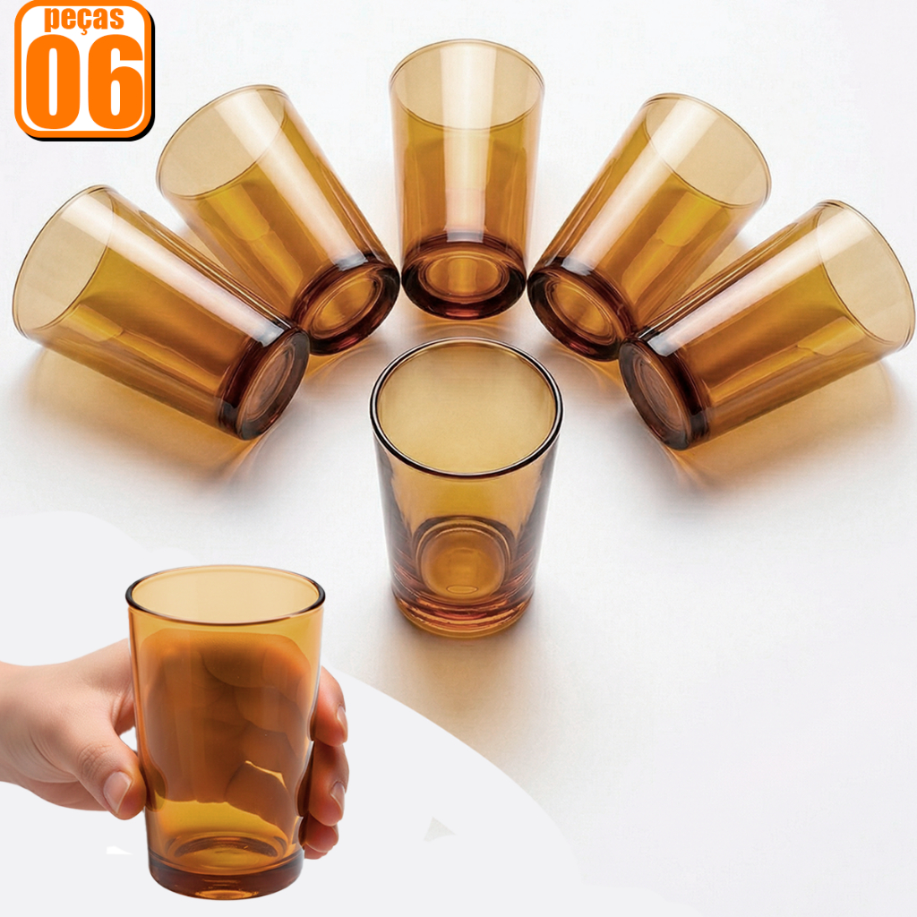 Jogo Kit 06 Copos Vidros Ambar Liso Elegante 200ml