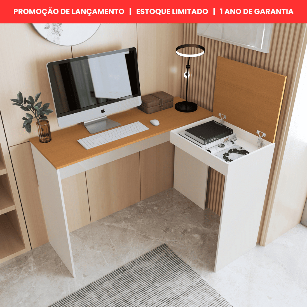 Penteadeira Mesa Escrivaninha em L de Canto com Baú Porta Joias Maquiagem Skincare Organiz...