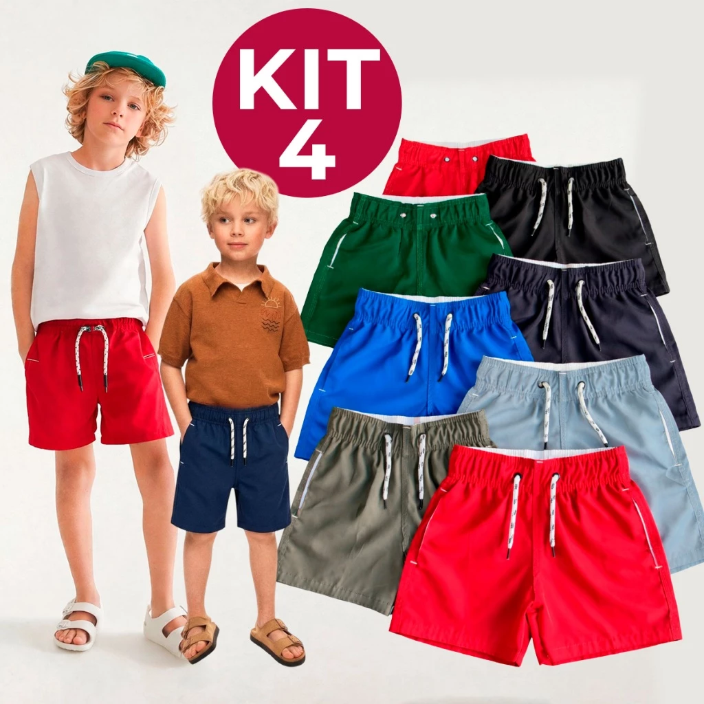 Kit 4 Short Bermuda Infantil Juvenil Tactel Menino Praia Com Bolso Elastano Premium 2 a 16 Anos — imagem 1