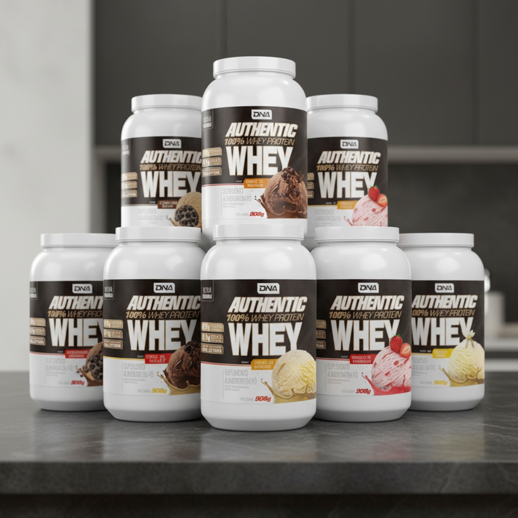 Whey Protein DNA 100 Authentic 908g Sabores Variados Proteina Po BCAA Pos Treino Massa Muscular