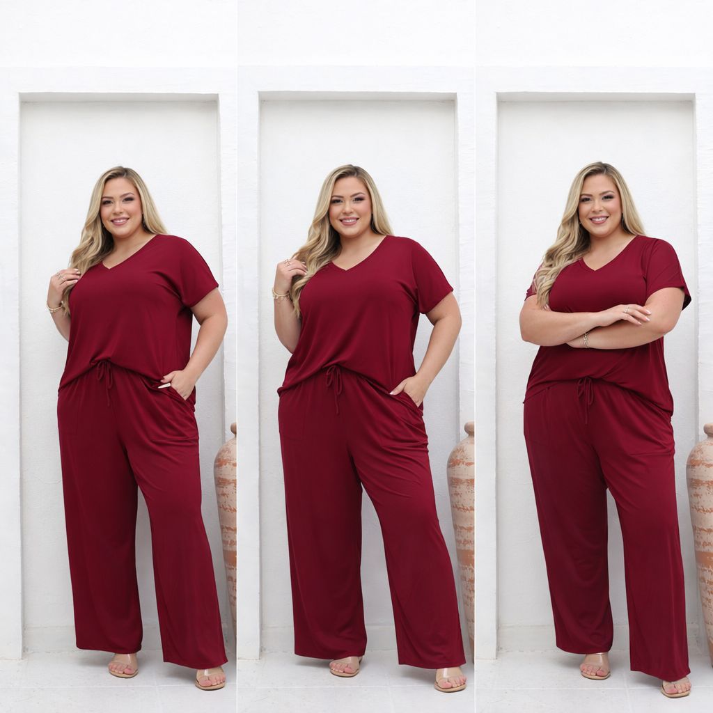 Conjunto Feminino Plus Size Em Malha Blusa Decote V Calça Pantalona em Oferta na Shopee