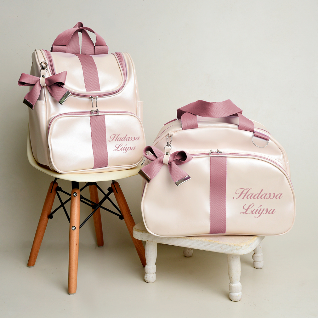 Kit Bolsa Maternidade Personalizado e Bordado 2 Peças l Mala e Mochila l luxo com Laço