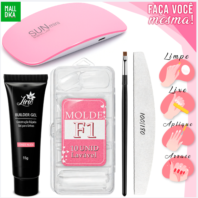 Kit Unha Pollygel(5 ITENS) Cabine SunMini Portatil Molde F1 Lixa de tips Unhas Postiça