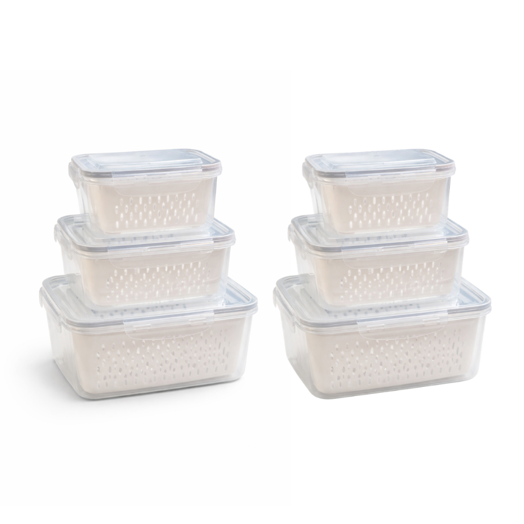Kit 6 potes Herméticos com Cesto Removível Legumes Frutas Organizador de Geladeira sem BPA
