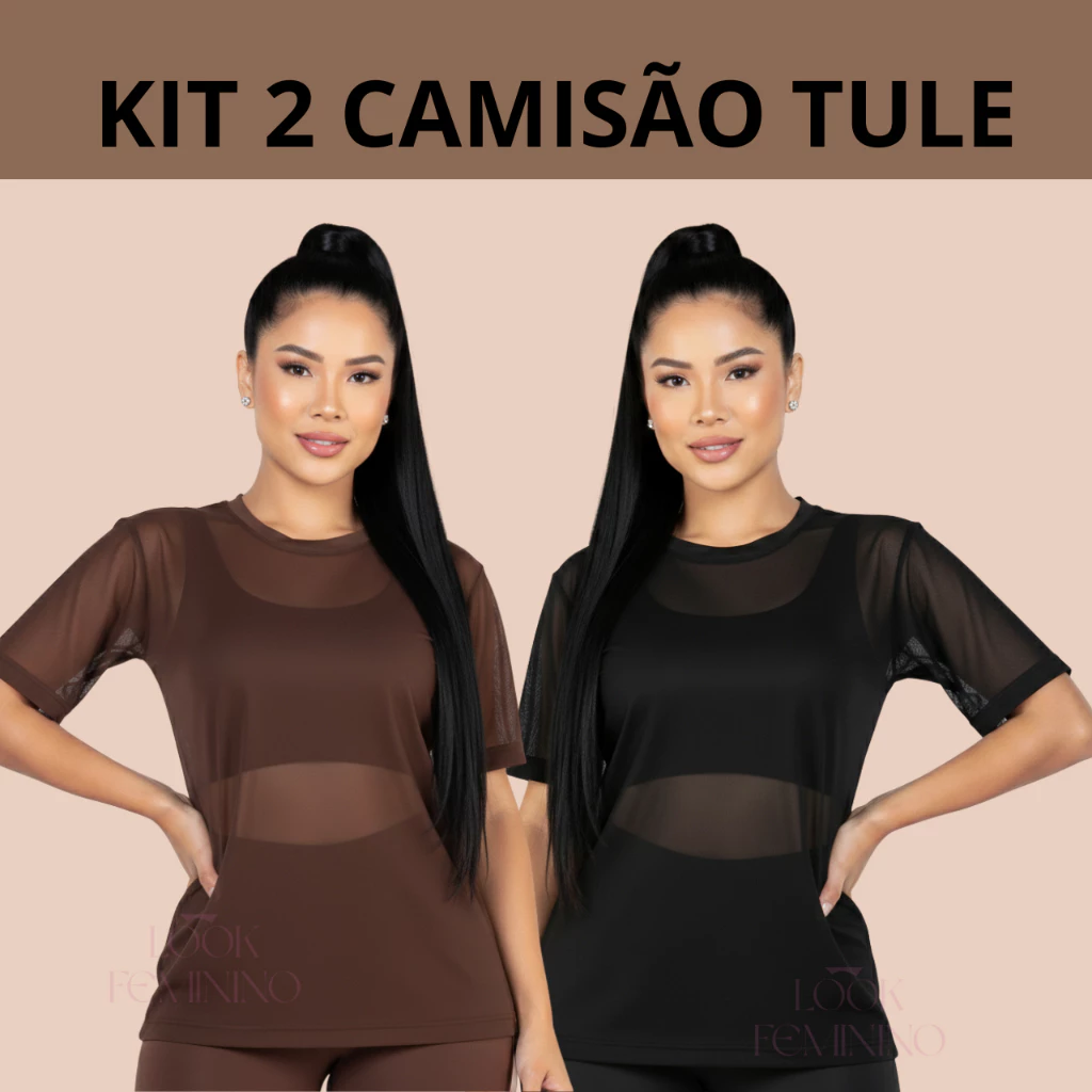 Kit 2 Blusa de Tule Feminina Academia Blusão Transparente Manga Curta Treino Basica Dia a Dia Casual Fitness — imagem 1
