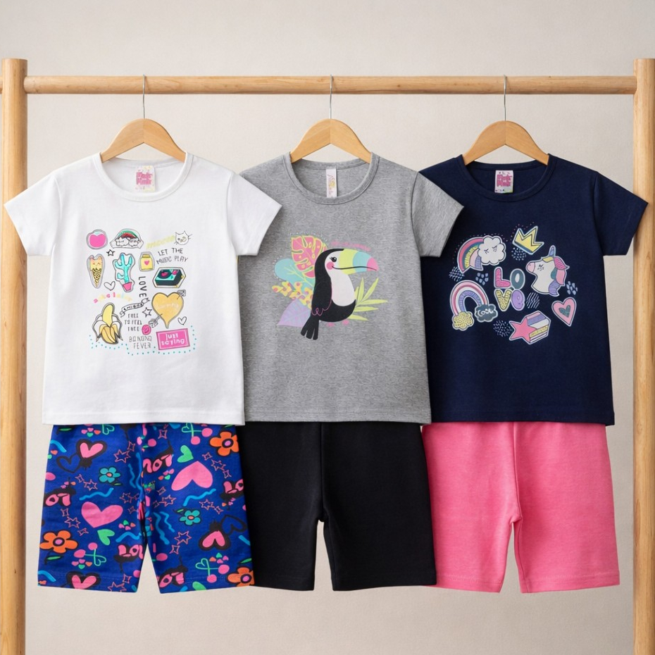 Kit 3 Conjuntos Infantil Menina Blusa + Short Ciclista Verão 1 ao 14 Anos | Look Blogueirinha