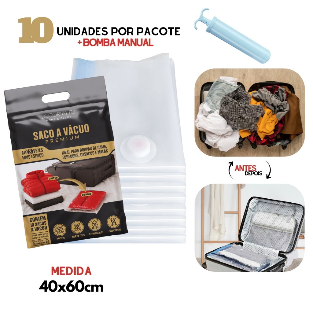 Kit 10 Saco a Vácuo 40x60cm com Bomba Manual Organizador p/ Mala Viagem Roupas Casacos em Oferta na Shopee