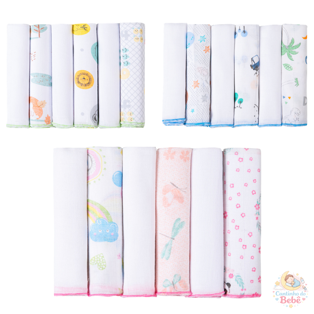 Kit 18 Un Paninhos de Boca Bebê Papi Alta Absorção Algodão Macio Enxoval Completo
