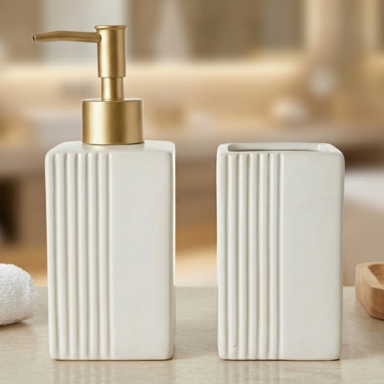 Kit Lavabo Porcelana Luxo Dispenser Porta Sabonete Liquido Porta Escova Decoração Banheiro