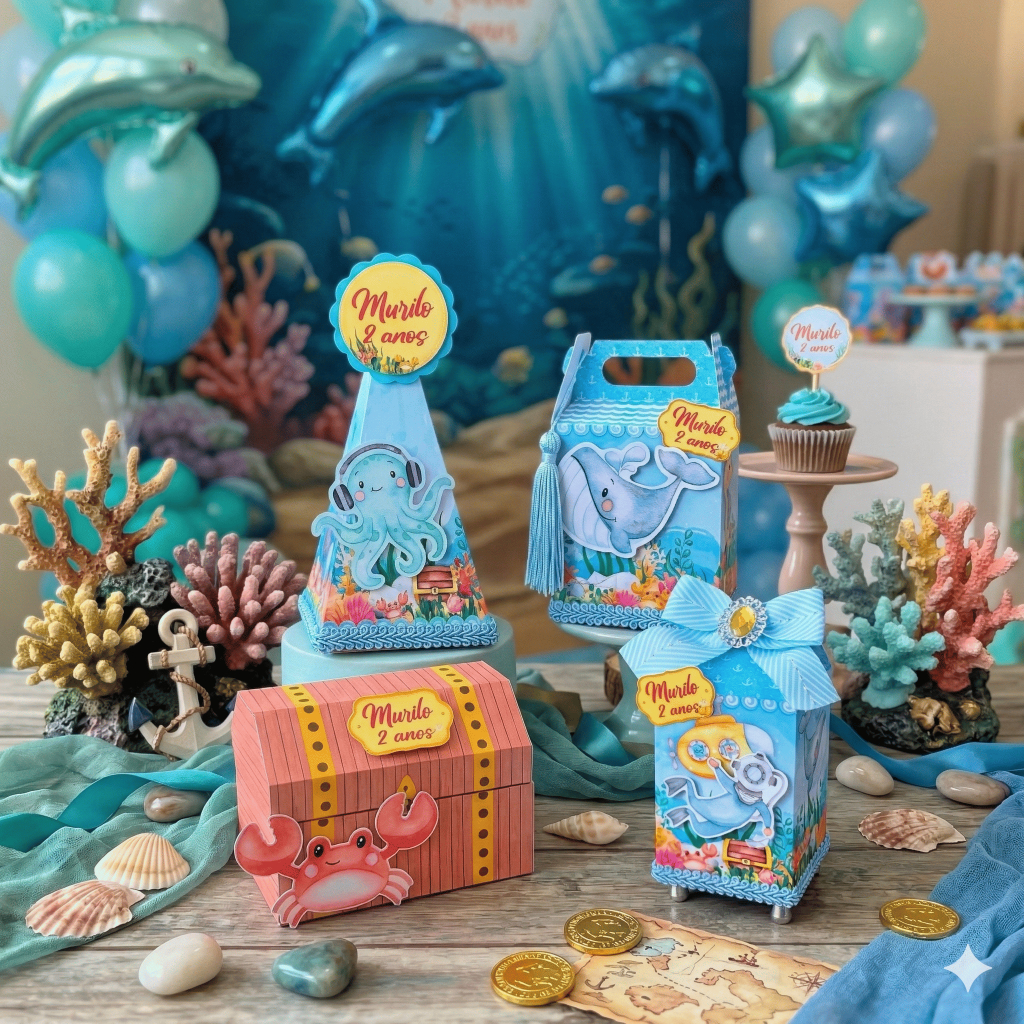 Lembrancinha Fundo do Mar Aquarela Personalizada Menino Caixinha Decoração Aniversário Personalizado