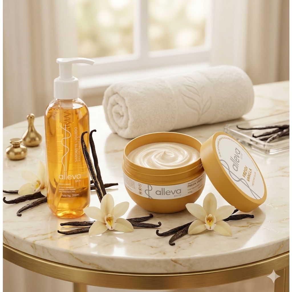 Kit Banho Premium Baunilha Alleva Vanilla Fresh Sabonete Liquido e Manteiga Corp - Pele Perfumada e Hidratada o dia todo