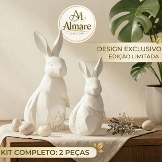 Enfeite de Páscoa Par de Coelhos Geométricos 15cm e 17cm Sala Quarto Escritório Moderno Minimalista