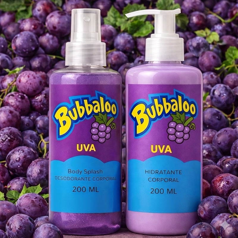 1 Kit Body Splash Bubbaloo Uva com gliter 200Ml + 1 Hidratante Corporal  Bubbaloo Uva  200...