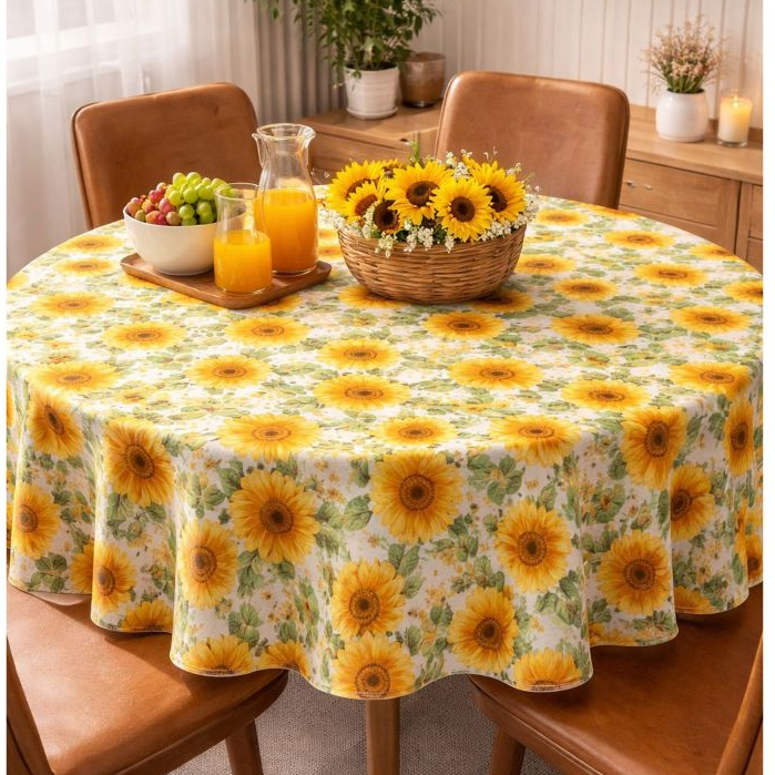 Toalha de Mesa Em Gorgurinho Estampado Floral Girassol Retangular e Redonda cozinha 4 6 ou 8 lugares