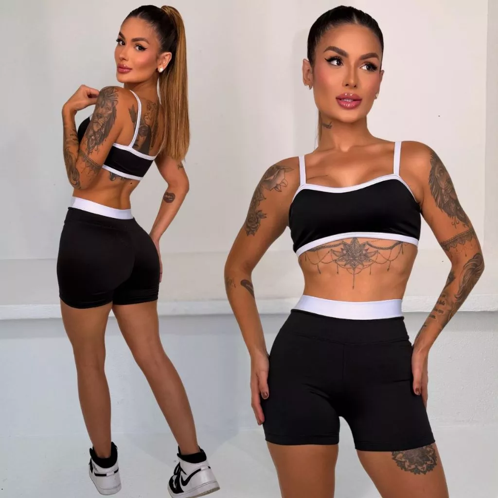 Conjunto Fitness Bicolor Feminino Short Cintura Alta + Top Alça Fina Zero Transparência Academia Alta Qualidade Suplex — imagem 1