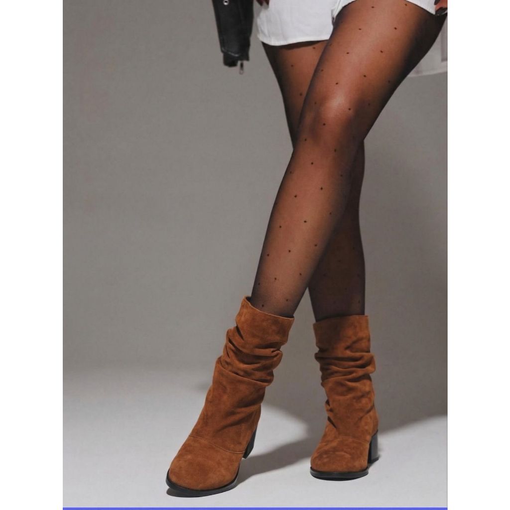 Bota Feminina Slouch Enrugada Elegante Confortável Moderna Casual Salto Grosso médio Cano médio Versátil Perfeita 9001