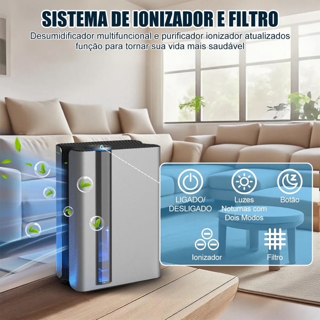 Desumidificador Inteligente 1000ml com Purificador e Secagem Controle Digital Remoto Luz Noturna3em1