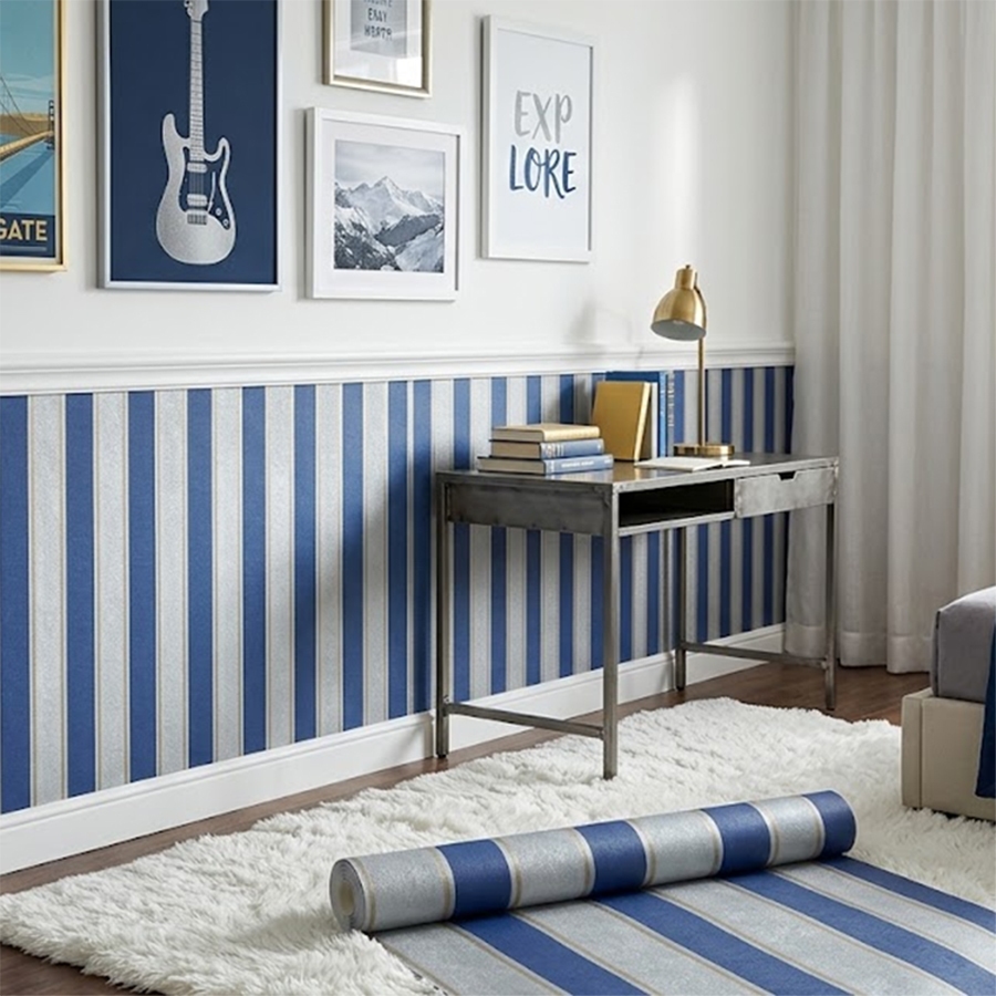 Papel de Parede Importado Alto Relevo Listrado Azul Marinho Cinza e Dourado - Rolo 10 metros  x 53cm  + Cola Inclusa