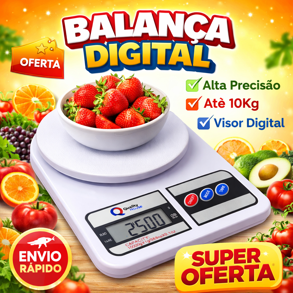 Balança Digital de Cozinha 10kg Alta Precisão com Visor LCD Função Tara
