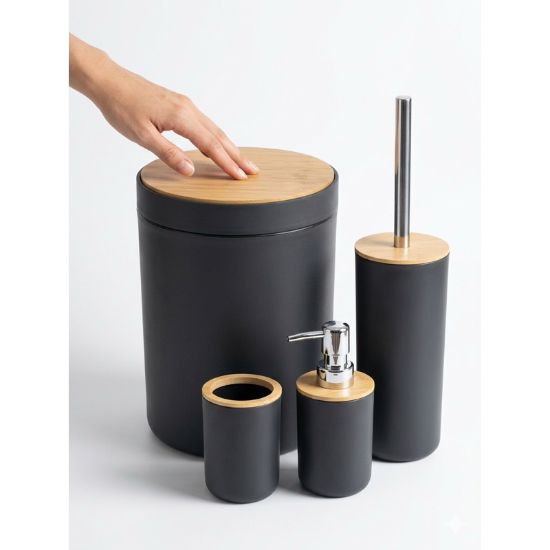 Kit Premium Completo para Banheiro Lixeira C/ tampa bambu  + Dispenser + Porta Escova + Escova Sanitária  Luxo