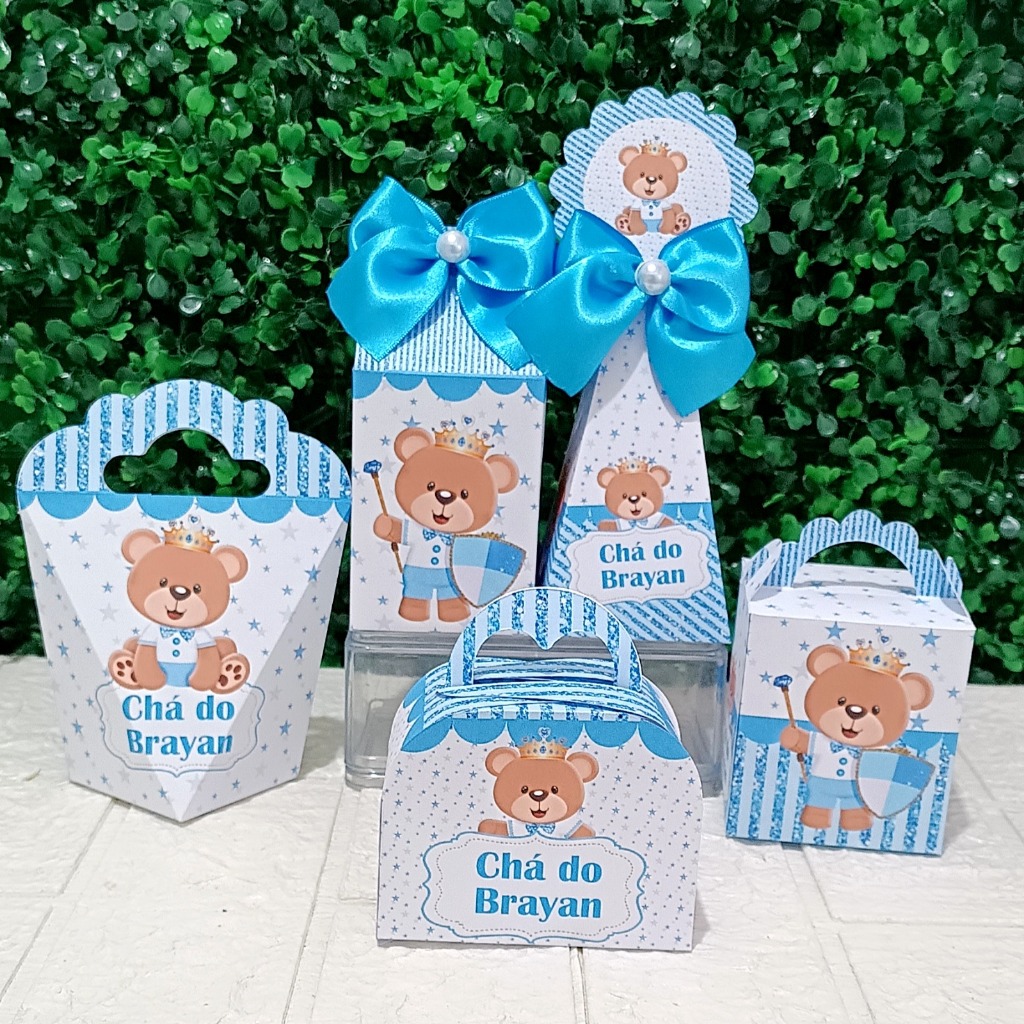 Kit FESTA Personalizados Ursinho Realeza Príncipe Azul Claro Lembrancinhas Caixinhas para Festas PEGUE E MONTE