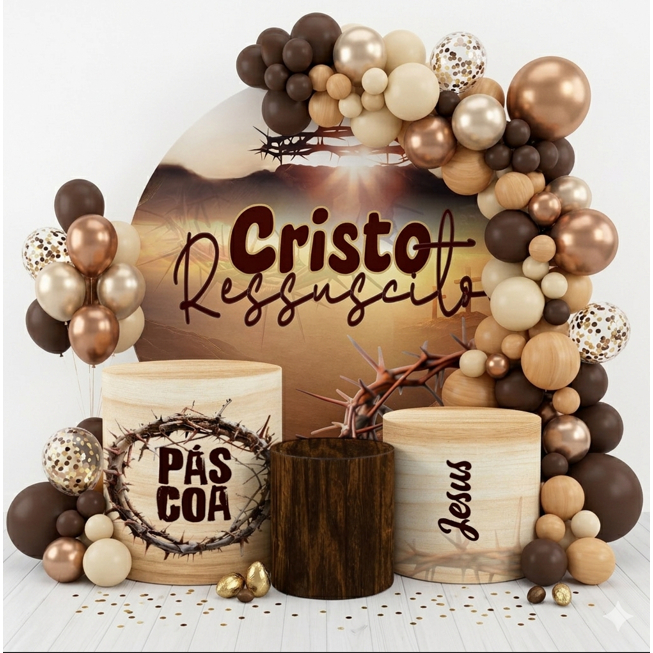 Painel Festa em Tecido Redondo 1,50x1,50 com Trio de Capas Cilindros Jesus Feliz Pascoa