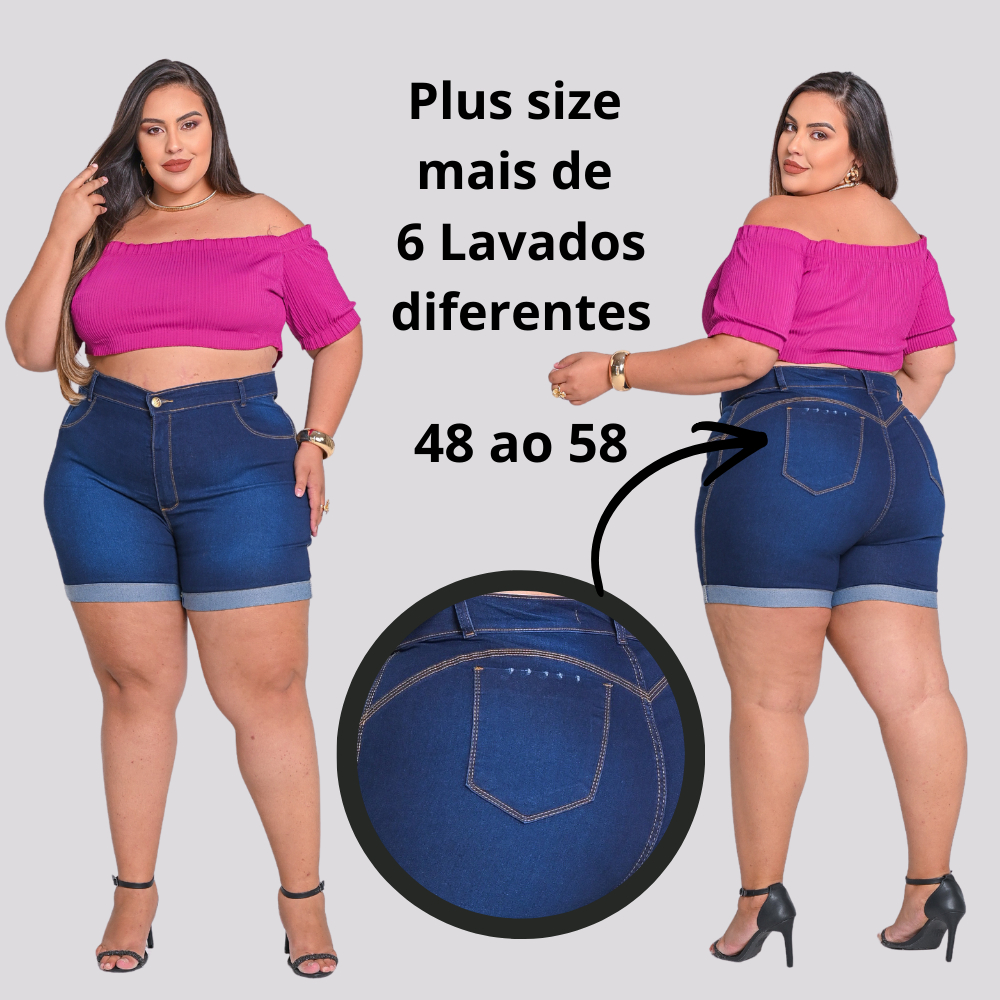 Bermuda Meia Coxa jeans feminina plus size elastano premium cintura alta lycra strech