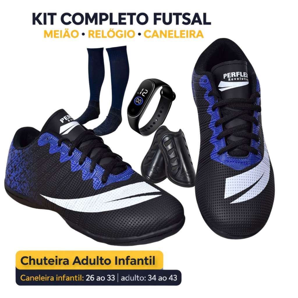 Chuteira Futsal com Meião Relógio e Caneleira Adulto Infantil