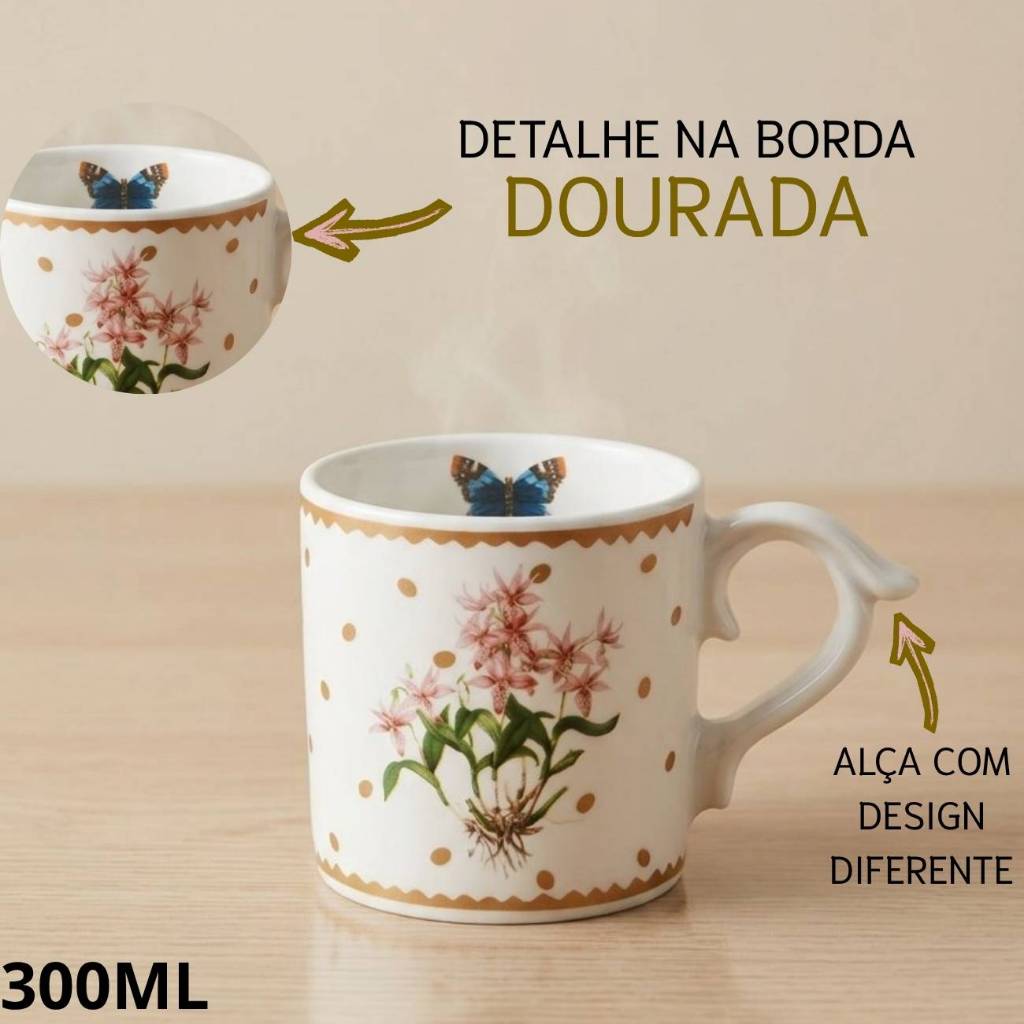 Caneca de Porcelana 300ml Floral Borda Dourada Presente Dia Das Mães Alça Diferente Caneca Decorada Elegante Presente