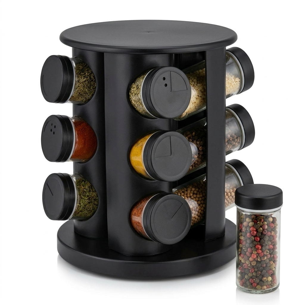 Porta Temperos Giratório 360° 12 Potes Vidro 50ml Organizador Condimentos Cozinha Preto Suporte Temperos