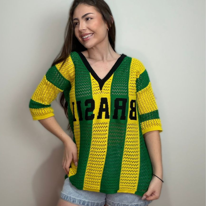 Camisa Tricot Brasil Feminina Decote V Trico Copa do Mundo Blusa Brazilcore Verde E Amarelo