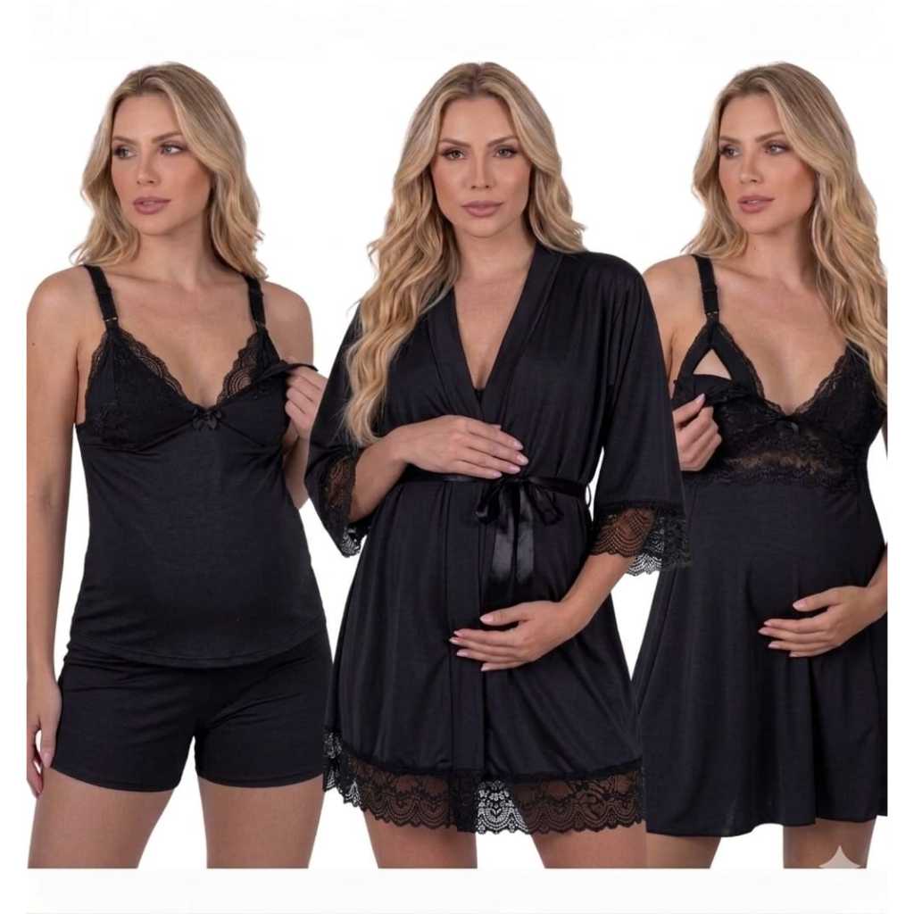 Kit 3 Peças Luxo Maternidade, Pós Parto, Completo Camisola e Baby Doll  de Amamentação + Robe Seda