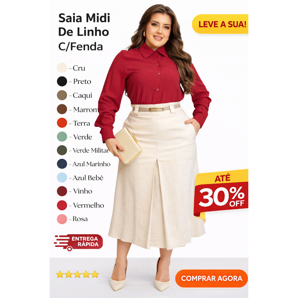 Saia Midi de Linho Moda Evangélica Fenda Fechada Com Forro Elegante Cintura Alta