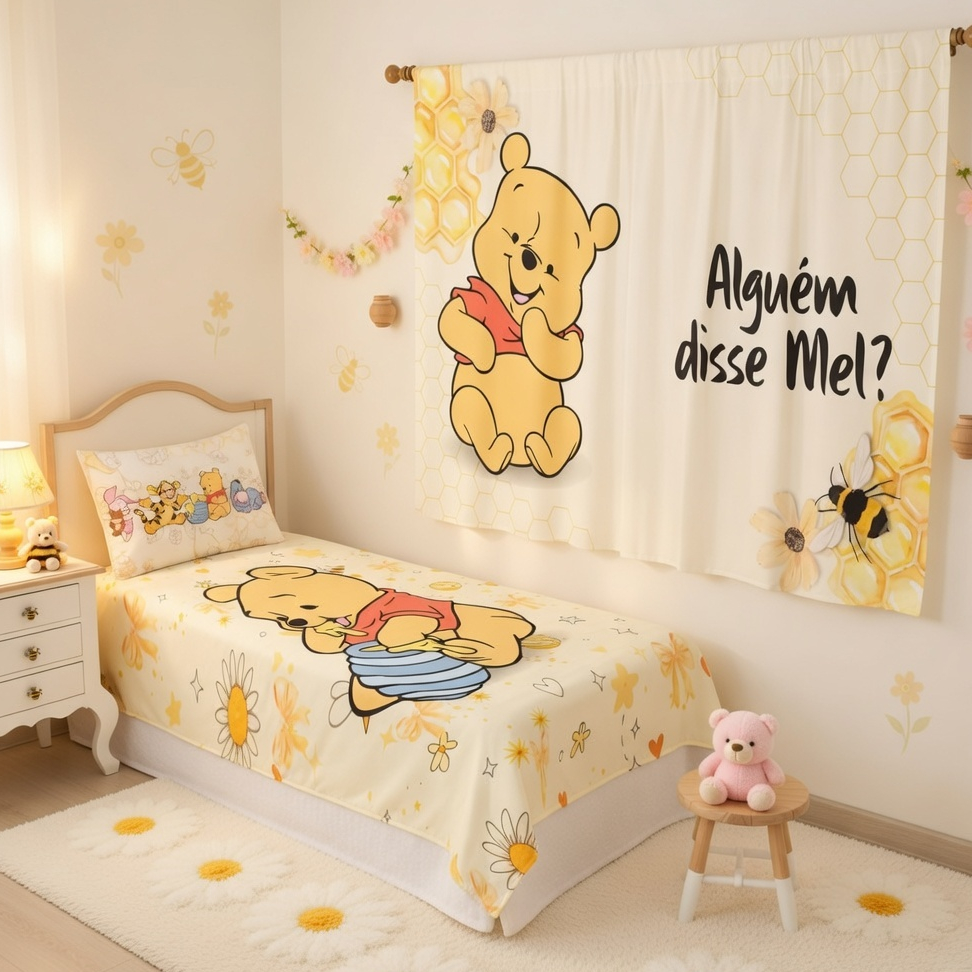 Kit Cama Infantil Ursinho P00h Fofo Mel Completo Cobre Leito Fronha Cortina Quarto Infantil Novidade