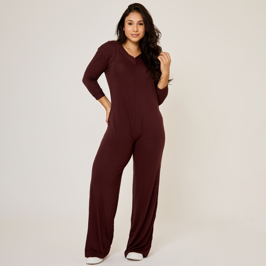 Macacão Feminino Longo Viscolycra Soltinho Manga 3/4 Decote V Casual Confortável Elegante